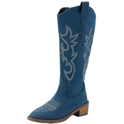 DYYEUAVT Bottes de cowboy pour femme à talons mi-hauts, chaussures de marche tendance à fermeture éclair, bottes épaisses, escarpins, botas hauts, bleu, 43 EU DYYEUAVT Bottes de cowboy pour femme à talons mi-hauts, chaussures de marche tendance à fermeture éclair, bottes épaisses, escarpins, botas hauts, bleu, 43 EU