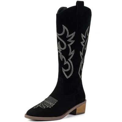 DYYEUAVT Bottes de cowboy pour femme à talons mi-hauts, chaussures de marche tendance à fermeture éclair, bottes épaisses, escarpins, botas hauts, Noir , 42 EU DYYEUAVT Bottes de cowboy pour femme à talons mi-hauts, chaussures de marche tendance à fermeture éclair, bottes épaisses, escarpins, botas hauts, Noir , 42 EU