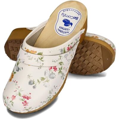 BeComfy Sabots pour femme avec Schnalle Schuhe Holzschuhe mit Weich-Still Gummisohle/Holzsohle Holzsclogs Echtleder Schwarz Blau Weiß Bunte Blumen 35 36 37 38 39 40 41 EU, Fleurs colorées, 36.5 EU BeComfy Sabots pour femme avec Schnalle Schuhe Holzschuhe mit Weich-Still Gummisohle/Holzsohle Holzsclogs Echtleder Schwarz Blau Weiß Bunte Blumen 35 36 37 38 39 40 41 EU, Fleurs colorées, 36.5 EU