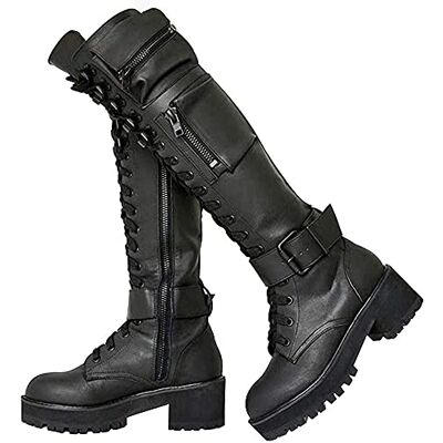 Lchongzhuo Bottes à plateforme pour femme Lacets Talon bloc Bottes de moto Bottes hautes au genou Poche cachée Bottes montantes au genou pour femmes Lchongzhuo Bottes à plateforme pour femme Lacets Talon bloc Bottes de moto Bottes hautes au genou Poche cachée Bottes montantes au genou pour femmes