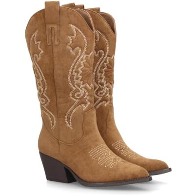 shoes&blues.es Bottes de cowboy montantes pour femme, ornées de broderies. Talon moyen, bout pointu et imprimé uni. Style champêtre avec fermeture éclair, idéales pour l'automne et l'hiver. shoes&blues.es Bottes de cowboy montantes pour femme, ornées de broderies. Talon moyen, bout pointu et imprimé uni. Style champêtre avec fermeture éclair, idéales pour l'automne et l'hiver.