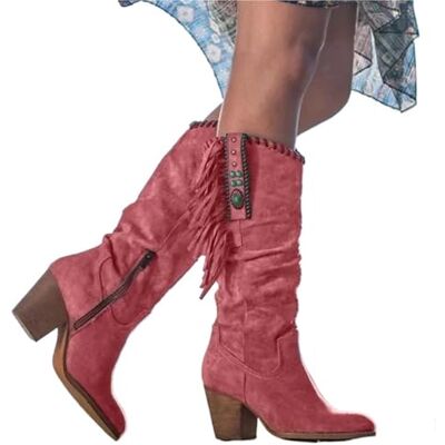 DASJKDI Bottes hautes tendance rétro avec boucle en métal et bout pointu talon épais gland Chaussures de cowboy occidentales pour femme (rouge, 37) DASJKDI Bottes hautes tendance rétro avec boucle en métal et bout pointu talon épais gland Chaussures de cowboy occidentales pour femme (rouge, 37)