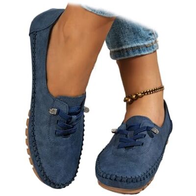 GHTRHSB Mocassins vintage en cuir pour femme, orthopédiques doux avec soutien de la voûte plantaire, coupe large, respirant, mocassins de conduite, bleu, 38 EU GHTRHSB Mocassins vintage en cuir pour femme, orthopédiques doux avec soutien de la voûte plantaire, coupe large, respirant, mocassins de conduite, bleu, 38 EU
