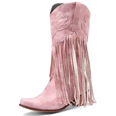 WEHAM Bottes de cowboy occidentales à franges pour femmes, bottes d'équitation à talon épais et pointu à larges mollets, bottines d'équitation classiques brodées confortables à enfiler WEHAM Bottes de cowboy occidentales à franges pour femmes, bottes d'équitation à talon épais et pointu à larges mollets, bottines d'équitation classiques brodées confortables à enfiler