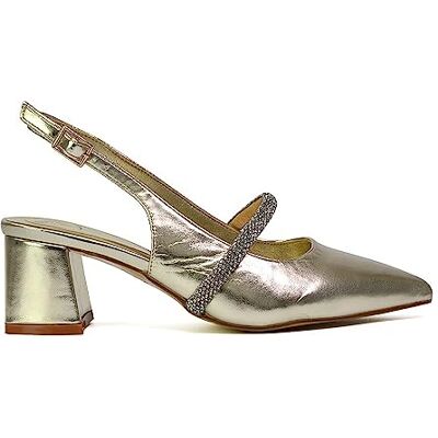 ESSEX GLAM Chaussures de mariée à talon bas pour femme avec bride arrière en strass et bout pointu Taille 36-42, Doré/métallisé, 41 EU ESSEX GLAM Chaussures de mariée à talon bas pour femme avec bride arrière en strass et bout pointu Taille 36-42, Doré/métallisé, 41 EU