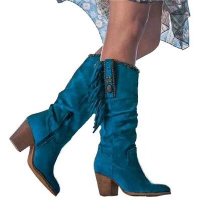 DASJKDI Bottes hautes tendance rétro avec boucle en métal et bout pointu talon épais gland western cowboy chaussures pour femme (bleu, 42) DASJKDI Bottes hautes tendance rétro avec boucle en métal et bout pointu talon épais gland western cowboy chaussures pour femme (bleu, 42)