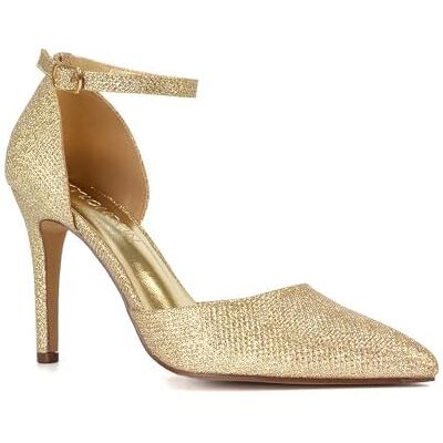 ESSEX GLAM Escarpins à talon classique à bout pointu pour femme avec sangle de cheville pour femme Taille 36-42, Doré pailleté, 39 EU ESSEX GLAM Escarpins à talon classique à bout pointu pour femme avec sangle de cheville pour femme Taille 36-42, Doré pailleté, 39 EU