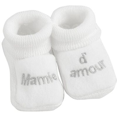 Kinousses Chaussons Bébé Brodés "Mamie d'amour" 0-3 Mois Blanc/Argent Kinousses Chaussons Bébé Brodés "Mamie d'amour" 0-3 Mois Blanc/Argent