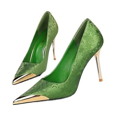 TXLEAPEY Escarpins à bout pointu en métal pour femmes en soie satins talons hauts talons aiguilles 10 cm talons hauts banquet (vert, 37) TXLEAPEY Escarpins à bout pointu en métal pour femmes en soie satins talons hauts talons aiguilles 10 cm talons hauts banquet (vert, 37)