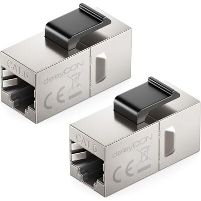 deleyCON Connecteur Keystone RJ45 CAT6 (lot de 2 Pièces) STP, RJ45 Prise vers Prise, 1 Gbit/s, 250 MHz, Coupleur LAN 1:1, Cuivre Nickelé Argent deleyCON Connecteur Keystone RJ45 CAT6 (lot de 2 Pièces) STP, RJ45 Prise vers Prise, 1 Gbit/s, 250 MHz, Coupleur LAN 1:1, Cuivre Nickelé Argent