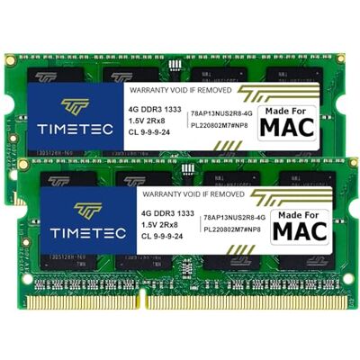 Timetec Apple Module de mémoire RAM DDR3 1333 MHz PC3-10600 sans tampon non ECC 1,5 V CL9 2Rx8 204 broches SODIMM 204 broches Kit 8 Go (2 x 4 Go)) Timetec Apple Module de mémoire RAM DDR3 1333 MHz PC3-10600 sans tampon non ECC 1,5 V CL9 2Rx8 204 broches SODIMM 204 broches Kit 8 Go (2 x 4 Go))