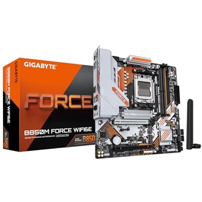 Gigabyte Carte mère B850M Force WIFI6E Processeurs AMD Ryzen série 9000, VRM numérique 8+2+2 phases, jusqu'à 9600 MHz DDR5 (OC), 1 PCIe 5.0 + 2 x PCIe 4.0 M.2, Wi-Fi 6E, 2,5 GbE LAN, USB 3.2 Gen 2 Gigabyte Carte mère B850M Force WIFI6E Processeurs AMD Ryzen série 9000, VRM numérique 8+2+2 phases, jusqu'à 9600 MHz DDR5 (OC), 1 PCIe 5.0 + 2 x PCIe 4.0 M.2, Wi-Fi 6E, 2,5 GbE LAN, USB 3.2 Gen 2