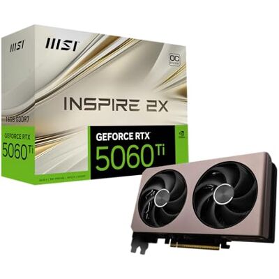 MSI NVIDIA GeForce RTX 5060 Ti 16G Inspire 2X OC Carte Graphique 16 Go GDDR7 (28 Gb/s/128 Bits), Refroidissement à Double Ventilateur (2 x Ventilateurs STORMFORCE) HDMI 2.1b, DisplayPort 2.1b, MSI NVIDIA GeForce RTX 5060 Ti 16G Inspire 2X OC Carte Graphique 16 Go GDDR7 (28 Gb/s/128 Bits), Refroidissement à Double Ventilateur (2 x Ventilateurs STORMFORCE) HDMI 2.1b, DisplayPort 2.1b,