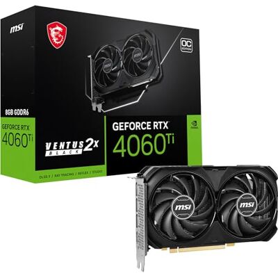 MSI GeForce RTX 4060 Ti VENTUS 2X BLACK 8G OC Carte graphique GPU RTX 4060 Ti, 8 Go GDDR6 (18 Gbit/s/128 bits), PCIe 4.0-2 ventilateurs TORX 4.0 HDMI 2.1a, DisplayPort 1.4a MSI GeForce RTX 4060 Ti VENTUS 2X BLACK 8G OC Carte graphique GPU RTX 4060 Ti, 8 Go GDDR6 (18 Gbit/s/128 bits), PCIe 4.0-2 ventilateurs TORX 4.0 HDMI 2.1a, DisplayPort 1.4a