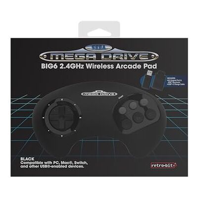 Nintendo Retro-Bit BIG6 2.4 GHz SEGA Mega Drive Wireless Arcade Controller Pad for SEGA Mega Drive Original/Mini, Switch, PC & Mac Black Nintendo Retro-Bit BIG6 2.4 GHz SEGA Mega Drive Wireless Arcade Controller Pad for SEGA Mega Drive Original/Mini, Switch, PC & Mac Black