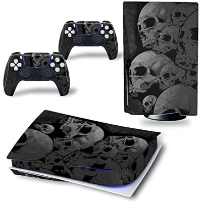 TAIFOND Autocollant en vinyle pour console et manettes PS5 version disque Playstation 5, tête de mort noire TAIFOND Autocollant en vinyle pour console et manettes PS5 version disque Playstation 5, tête de mort noire