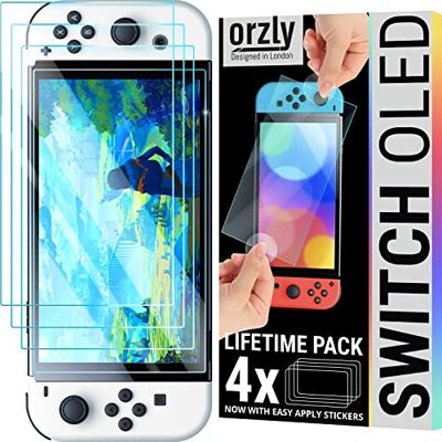 Orzly Lot de 4 protections d'écran en verre trempé pour Nintendo Switch OLED 2021 Installation facile Orzly Lot de 4 protections d'écran en verre trempé pour Nintendo Switch OLED 2021 Installation facile