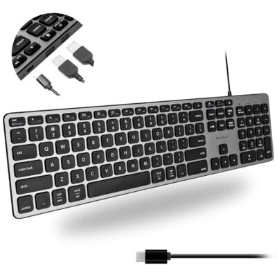 Macally UCZKEYHUBACSG, clavier USB-C étendu, avec 2 ports USB-A et 1 port USB-C et disposition des touches QWERTY américaines, gris sidéral Macally UCZKEYHUBACSG, clavier USB-C étendu, avec 2 ports USB-A et 1 port USB-C et disposition des touches QWERTY américaines, gris sidéral