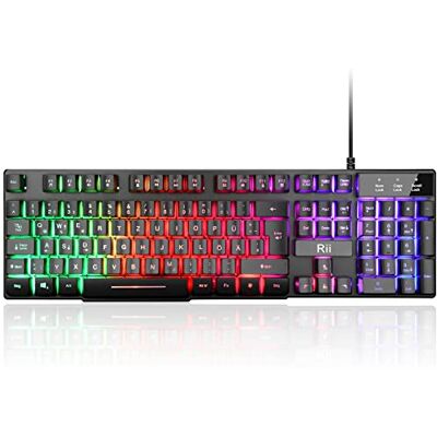 Rii Clavier de jeu pour PC, clavier RVB filaire, clavier lumineux arc-en-ciel LED, clavier de jeu idéal pour les joueurs, le bureau (disposition allemande) Rii Clavier de jeu pour PC, clavier RVB filaire, clavier lumineux arc-en-ciel LED, clavier de jeu idéal pour les joueurs, le bureau (disposition allemande)
