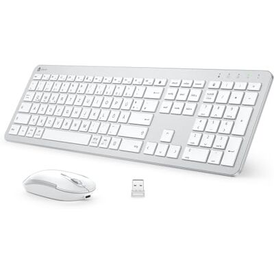 iClever Ensemble clavier souris sans fil – Clavier sans fil silencieux rechargeable avec film anti-poussière, disposition allemande QWERTZ pour systèmes Windows, Mac OS et Chrome OS, blanc et argent iClever Ensemble clavier souris sans fil – Clavier sans fil silencieux rechargeable avec film anti-poussière, disposition allemande QWERTZ pour systèmes Windows, Mac OS et Chrome OS, blanc et argent