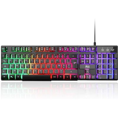 Rii Clavier Gamer AZERTY Nouveau Clavier USB Filaire 105 Touches Semi-Mécaniques 5 Couleurs LED Rétro 11 Raccourcis Multimédia pour PC Mac PS4 PS5 Noir Rii Clavier Gamer AZERTY Nouveau Clavier USB Filaire 105 Touches Semi-Mécaniques 5 Couleurs LED Rétro 11 Raccourcis Multimédia pour PC Mac PS4 PS5 Noir