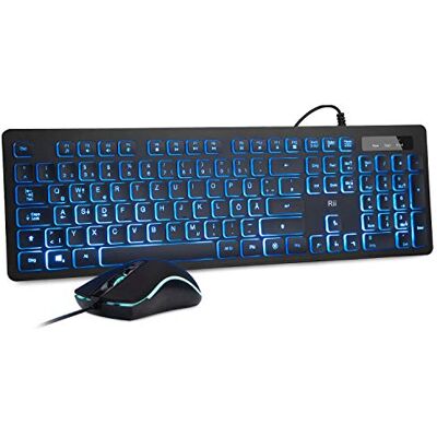 Rii Ensemble clavier et souris de jeu avec câble, 3 LED rétroéclairage QWERTZ (disposition DE), clavier filaire avec souris pour PC, ordinateur, ordinateur portable, noir Rii Ensemble clavier et souris de jeu avec câble, 3 LED rétroéclairage QWERTZ (disposition DE), clavier filaire avec souris pour PC, ordinateur, ordinateur portable, noir