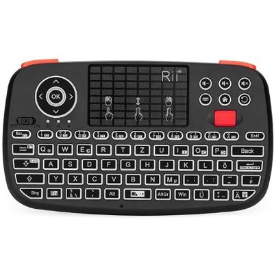 Rii Clavier Bluetooth avec pavé tactile (Bluetooth 4.0 + 2,4 G sans fil), mini clavier avec molette de défilement et rétroéclairage LED (disposition allemande, noir) Rii Clavier Bluetooth avec pavé tactile (Bluetooth 4.0 + 2,4 G sans fil), mini clavier avec molette de défilement et rétroéclairage LED (disposition allemande, noir)