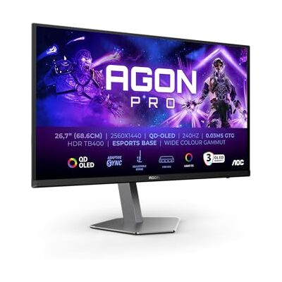 AOC Agon Pro AG276QZD2AM Moniteur OLED QHD 27 Pouces, 240 Hz, 0,03 ms GtG, FreeSync Premium Pro, comp. G-Sync, HDR400 (2560x1440, 2X HDMI 2.1, DisplayPort, Hub USB) Noir AOC Agon Pro AG276QZD2AM Moniteur OLED QHD 27 Pouces, 240 Hz, 0,03 ms GtG, FreeSync Premium Pro, comp. G-Sync, HDR400 (2560x1440, 2X HDMI 2.1, DisplayPort, Hub USB) Noir