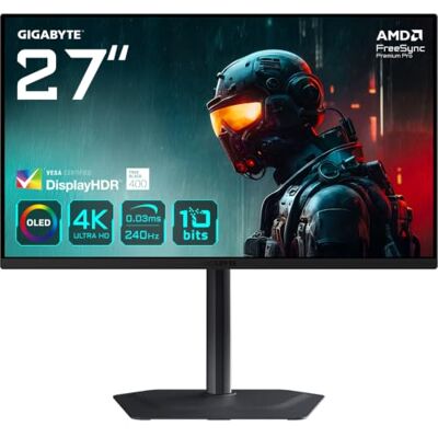 Gigabyte MO27U2 Écran de jeu OLED 4K UHD 3840 x 2160, 240 Hz, 0,03 ms, 1000 cd/m², écran HDR True Black 400, HDMI 2.1, DisplayPort 1.4 Gigabyte MO27U2 Écran de jeu OLED 4K UHD 3840 x 2160, 240 Hz, 0,03 ms, 1000 cd/m², écran HDR True Black 400, HDMI 2.1, DisplayPort 1.4