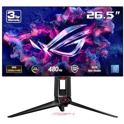 Asus ROG Swift PG27AQDP Moniteur de jeu 27" QHD 480 Hz WOLED 0,03 ms, compatible G-SYNC, assistant AI, DisplayHDR 400, 99 % DCI-P3, True 10 bits, DP, HDMI, hub USB, pour PS5 Asus ROG Swift PG27AQDP Moniteur de jeu 27" QHD 480 Hz WOLED 0,03 ms, compatible G-SYNC, assistant AI, DisplayHDR 400, 99 % DCI-P3, True 10 bits, DP, HDMI, hub USB, pour PS5