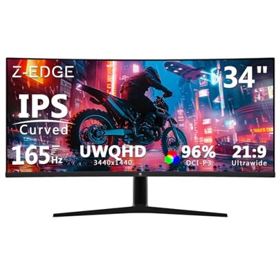 Z-Edge Ecran PC Gamer Incurvé 34'', 3440x1440, 165Hz(DP1.4×2), Dalle IPS, 96% DCI-P3, Moniteur Ultrawide 21:9, Hauteur/Inclinaison Réglable, Rotatif, 100Hz (HDMI2.0×2), FreeSync, VESA(DP Câble Inclus) Z-Edge Ecran PC Gamer Incurvé 34'', 3440x1440, 165Hz(DP1.4×2), Dalle IPS, 96% DCI-P3, Moniteur Ultrawide 21:9, Hauteur/Inclinaison Réglable, Rotatif, 100Hz (HDMI2.0×2), FreeSync, VESA(DP Câble Inclus)