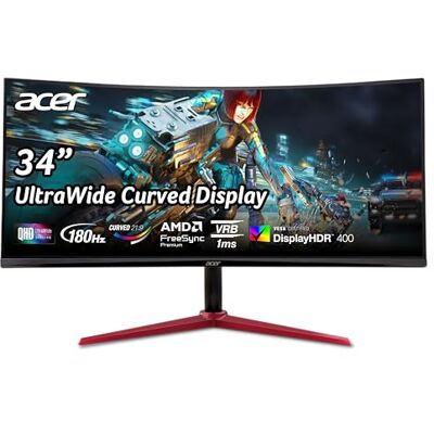 Acer Nitro 3440 x 1440 1500R Moniteur de jeu incurvé 86,4 cm (34") UWQHD AMD FreeSync Premium Mise à niveau jusqu'à 180 Hz, 1 ms (VRB) 400 nit DisplayHDR 400 1 x DP 1.4 et 2 x HDMI 2.0 Acer Nitro 3440 x 1440 1500R Moniteur de jeu incurvé 86,4 cm (34") UWQHD AMD FreeSync Premium Mise à niveau jusqu'à 180 Hz, 1 ms (VRB) 400 nit DisplayHDR 400 1 x DP 1.4 et 2 x HDMI 2.0