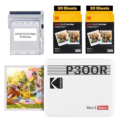 Kodak Imprimante photo portable Mini 3 Retro 3x3, 4 passages, 38 feuilles, blanche Kodak Imprimante photo portable Mini 3 Retro 3x3, 4 passages, 38 feuilles, blanche