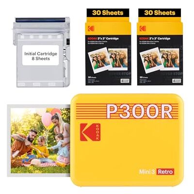 Kodak Imprimante photo portable Mini 3 Retro 3x3, 4 passages, 38 feuilles, jaune Kodak Imprimante photo portable Mini 3 Retro 3x3, 4 passages, 38 feuilles, jaune