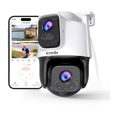 Tenda wifi caméra extérieure 3MP+3MP, double objectif, 360° PTZ, audio bidirectionnel, vision nocturne 30m, détection personnes/véhicules, suivi auto, alertes vocales personnalisées, CH9. Tenda wifi caméra extérieure 3MP+3MP, double objectif, 360° PTZ, audio bidirectionnel, vision nocturne 30m, détection personnes/véhicules, suivi auto, alertes vocales personnalisées, CH9.