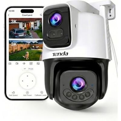 Tenda Caméra de surveillance extérieure 5 MP + 5 MP, détection d'IA, vision nocturne couleur à 360°, audio bidirectionnel, caméra d'extérieur IP65 WiFi avec alarme en cas de dépassement des frontières Tenda Caméra de surveillance extérieure 5 MP + 5 MP, détection d'IA, vision nocturne couleur à 360°, audio bidirectionnel, caméra d'extérieur IP65 WiFi avec alarme en cas de dépassement des frontières