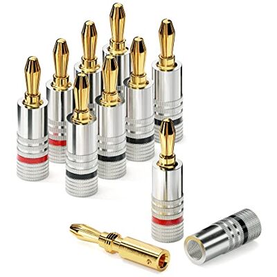 conecto Fiches bananes professionnelles, pour tous les câbles de haut-parleur d'un diamètre maximum de 6 mm², 8 pièces avec anneau coloré tout autour, rouge/noir, fiches plaquées or 24 carats, argent conecto Fiches bananes professionnelles, pour tous les câbles de haut-parleur d'un diamètre maximum de 6 mm², 8 pièces avec anneau coloré tout autour, rouge/noir, fiches plaquées or 24 carats, argent