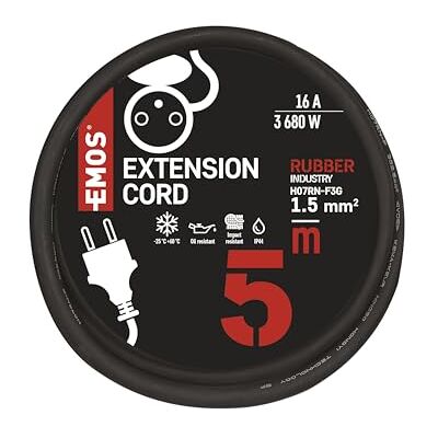 EMOS Rallonge IP44 de 5 m 1 prise française Étanche, résistante aux chocs, aux températures et à l'huile 230 V, 16 A, 3680 W Isolation en caoutchouc H07RN-F3G 1,5 mm2 Pour l'extérieur EMOS Rallonge IP44 de 5 m 1 prise française Étanche, résistante aux chocs, aux températures et à l'huile 230 V, 16 A, 3680 W Isolation en caoutchouc H07RN-F3G 1,5 mm2 Pour l'extérieur