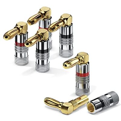 conecto fiches bananes pour câbles d'enceintes, lot de 4, fiche coudée à 90°, plaquées or avec code couleur (2x rouges, 2x noires), plaquées or 24 carats conecto fiches bananes pour câbles d'enceintes, lot de 4, fiche coudée à 90°, plaquées or avec code couleur (2x rouges, 2x noires), plaquées or 24 carats