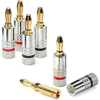conecto Fiches bananes professionnelles, pour tous les câbles de haut-parleur d'un diamètre maximum de 6 mm², 4 pièces avec anneau coloré tout autour, rouge/noir, fiches plaquées or 24 carats, argent conecto Fiches bananes professionnelles, pour tous les câbles de haut-parleur d'un diamètre maximum de 6 mm², 4 pièces avec anneau coloré tout autour, rouge/noir, fiches plaquées or 24 carats, argent