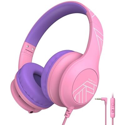 PowerLocus Casque filaire pour enfants avec microphone, limite de volume de sécurité de 85/94 dB, au-dessus de l'oreille, prise jack 3,5 mm, fonction de partage de musique, casque pliable pour enfants PowerLocus Casque filaire pour enfants avec microphone, limite de volume de sécurité de 85/94 dB, au-dessus de l'oreille, prise jack 3,5 mm, fonction de partage de musique, casque pliable pour enfants
