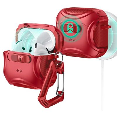 ESR Coque pour AirPods 4, compatible avec AirPods 4e génération (2024) (USB-C), compatible avec MagSafe, verrouillage anti-chute, ouverture facile, série Cyber, rouge ESR Coque pour AirPods 4, compatible avec AirPods 4e génération (2024) (USB-C), compatible avec MagSafe, verrouillage anti-chute, ouverture facile, série Cyber, rouge