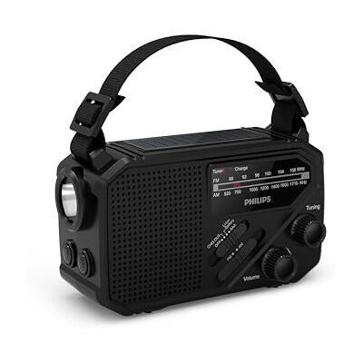 Philips TAR1659 Radio FM/AM portable avec batterie rechargeable intégrée, pile AAA et alimentation de secours à manivelle, énergie solaire, lumière LED intégrée et lampe de poche pour le camping, la Philips TAR1659 Radio FM/AM portable avec batterie rechargeable intégrée, pile AAA et alimentation de secours à manivelle, énergie solaire, lumière LED intégrée et lampe de poche pour le camping, la