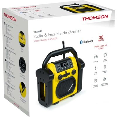 Thomson WKR50BT Radio de chantier avec Bluetooth, radio FM PLL, AUX-IN, prise casque, lecteur USB, 30 W musicaux, IPX54, alimentation 230 V, câble ou 4 piles LR14 (non incluses) Thomson WKR50BT Radio de chantier avec Bluetooth, radio FM PLL, AUX-IN, prise casque, lecteur USB, 30 W musicaux, IPX54, alimentation 230 V, câble ou 4 piles LR14 (non incluses)