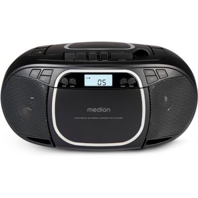 Medion E66476 Système stéréo (Boombox, lecteur CD, MP3, cassette, lecteur cassette portable pour enfants, radio FM, AUX, casque, secteur & piles), noir Medion E66476 Système stéréo (Boombox, lecteur CD, MP3, cassette, lecteur cassette portable pour enfants, radio FM, AUX, casque, secteur & piles), noir