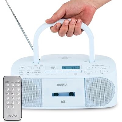 Medion DRX-1 Plus Boombox (radio portable DAB+ et FM, Bluetooth, lecteur CD, MP3, cassette, prise casque, stéréo, AUX, sur secteur & piles) bleu Medion DRX-1 Plus Boombox (radio portable DAB+ et FM, Bluetooth, lecteur CD, MP3, cassette, prise casque, stéréo, AUX, sur secteur & piles) bleu