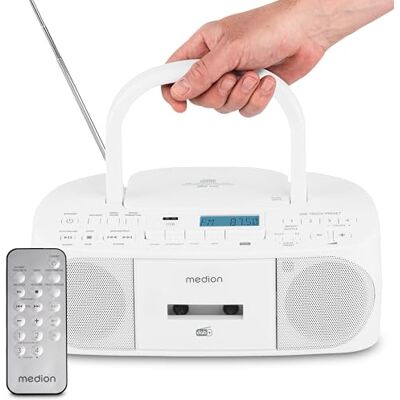 Medion DRX-1 Plus Boombox (radio portable DAB+ et FM, Bluetooth, lecteur CD, MP3, cassette, prise casque, stéréo, AUX, sur secteur & piles) blanc Medion DRX-1 Plus Boombox (radio portable DAB+ et FM, Bluetooth, lecteur CD, MP3, cassette, prise casque, stéréo, AUX, sur secteur & piles) blanc