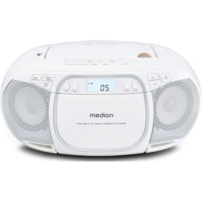 Medion E66476 Système stéréo (Boombox, lecteur CD, MP3, cassette, lecteur cassette portable pour enfants, radio FM, AUX, casque, secteur & piles), blanc Medion E66476 Système stéréo (Boombox, lecteur CD, MP3, cassette, lecteur cassette portable pour enfants, radio FM, AUX, casque, secteur & piles), blanc