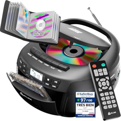 KLIM Poste Radio Cassette CD Avec Étui de Transport Bluetooth AM FM Double Haut-Parleur Trois Watts pour un Son Stéréo Clair, Fonctionne sur Secteur ou Piles, Port Auxiliaire Inclus Noir KLIM Poste Radio Cassette CD Avec Étui de Transport Bluetooth AM FM Double Haut-Parleur Trois Watts pour un Son Stéréo Clair, Fonctionne sur Secteur ou Piles, Port Auxiliaire Inclus Noir