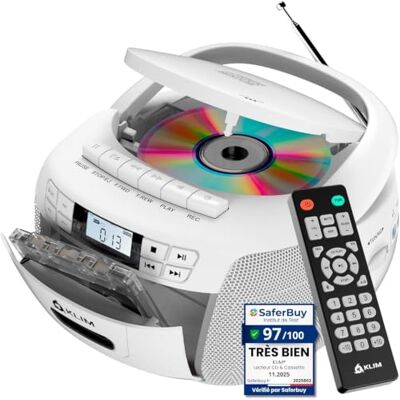 KLIM Lecteur CD et cassette audio, Radio CD AM/FM, Lecteur CD Bluetooth, Son Stéréo, Télécommande, Enregistrement Cassette, USB, AUX, CD de cassettes radio Blanc KLIM Lecteur CD et cassette audio, Radio CD AM/FM, Lecteur CD Bluetooth, Son Stéréo, Télécommande, Enregistrement Cassette, USB, AUX, CD de cassettes radio Blanc